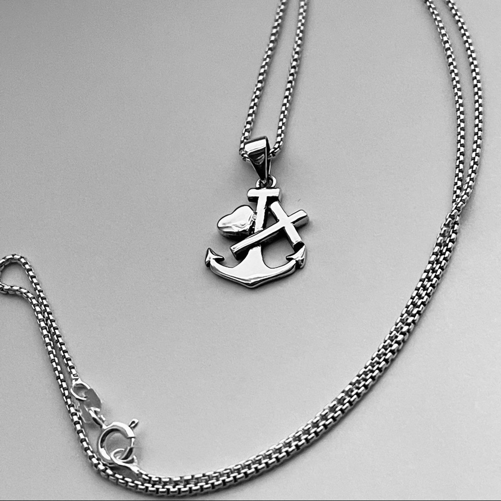 Sterling Silver Anchor W/ Heart and Cross Necklace, Silver Necklace
